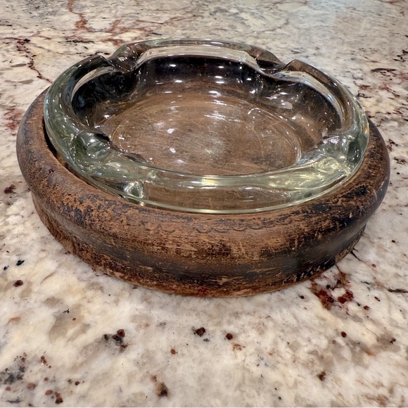 Vintage Rustic Glass Wood Ashtray old antique mid mod organization storage - Picture 1 of 4
